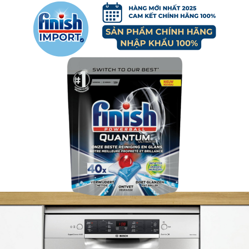 Túi 40 viên Finish Quantum Ultimate 2020, công thức mới, siêu cao cấp, 16 tính năng, dành cho máy rửa chén 13-15 bộ